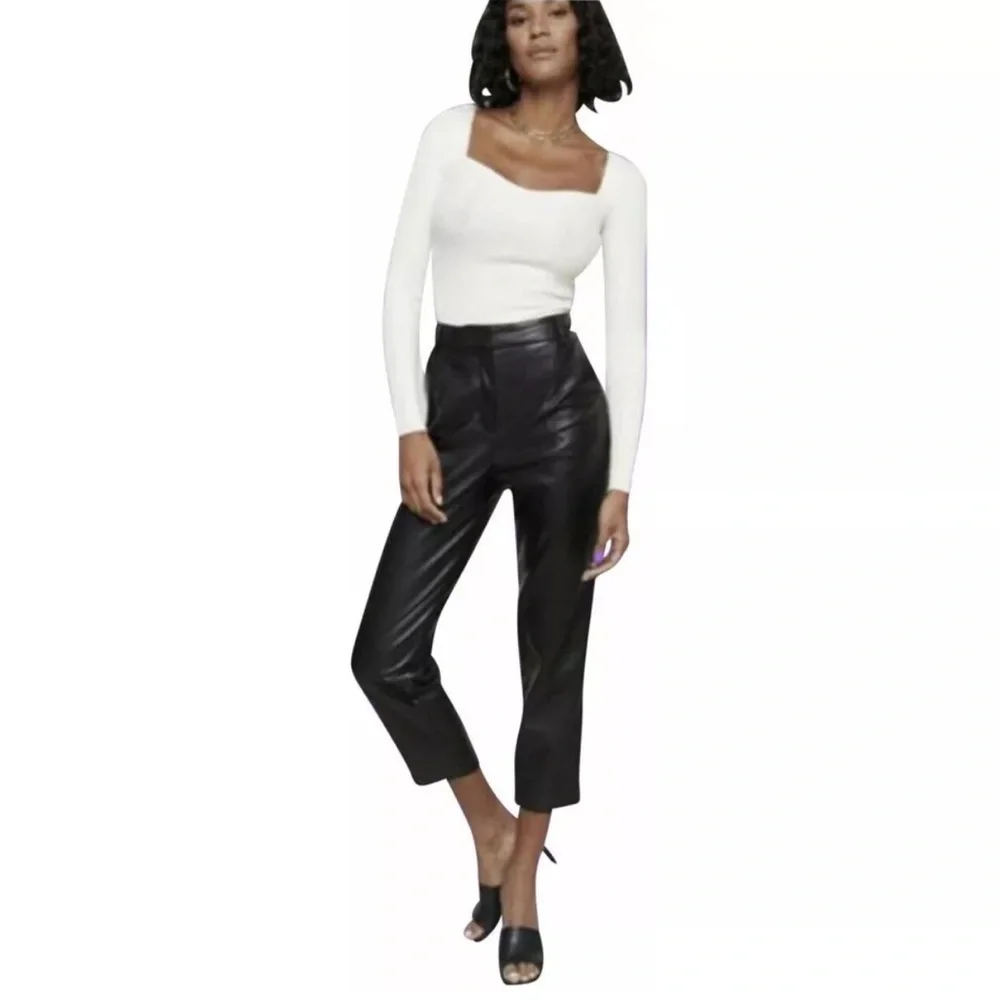 7 For All Mankind Black Coated Faux Leather Wide Leg Cropped Pants Leg Sz Lg
